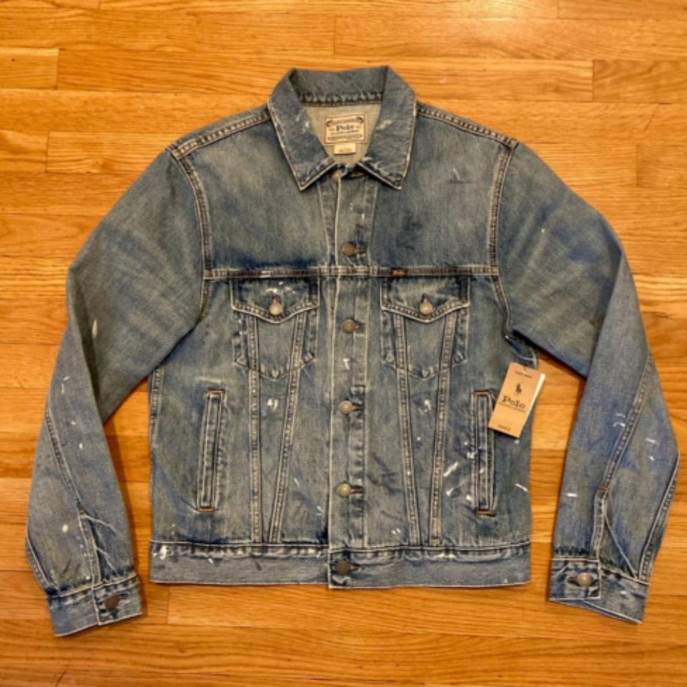 Polo Ralph Lauren Blue Denim  Men's Trucker Jacket Paint NWT M S